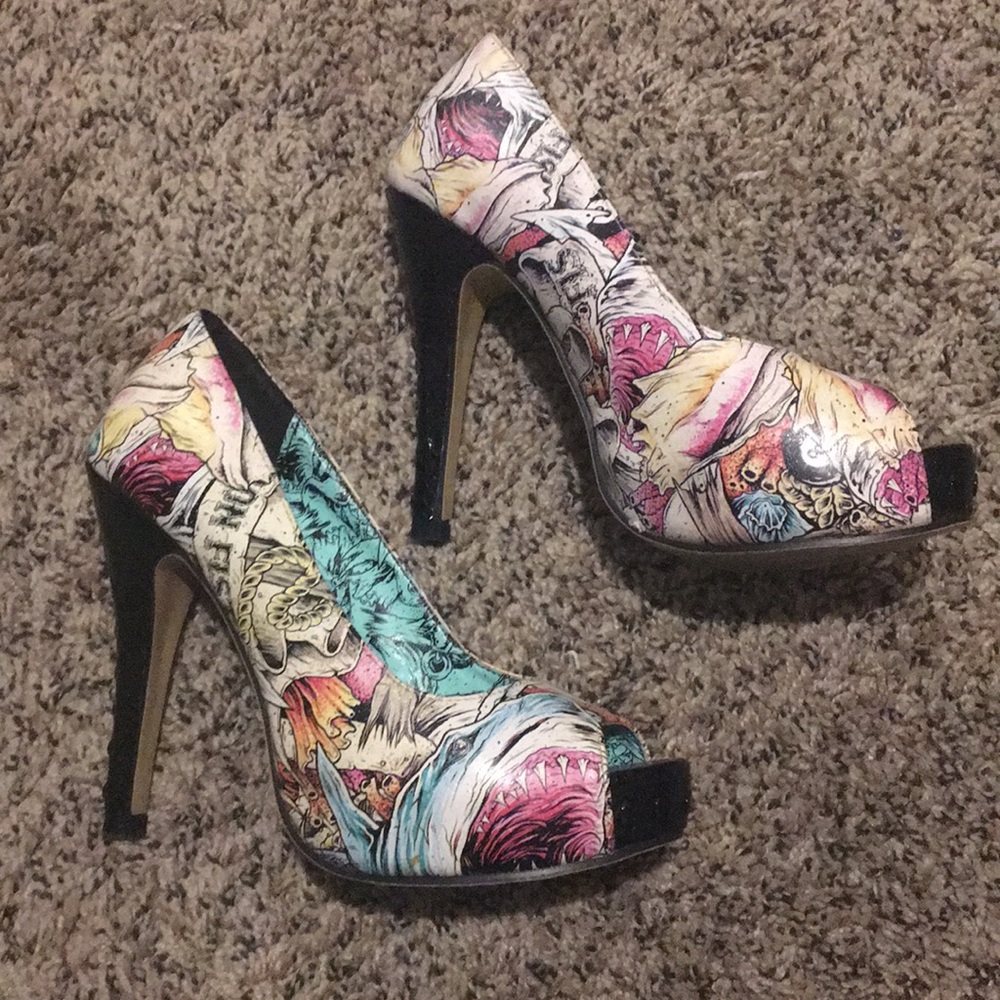Iron Fist graphic black snake skin heels